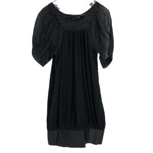 NWT Erica Davies Wool Gauze Short Puff sleeve Black Mini Dress with satin hem XS
